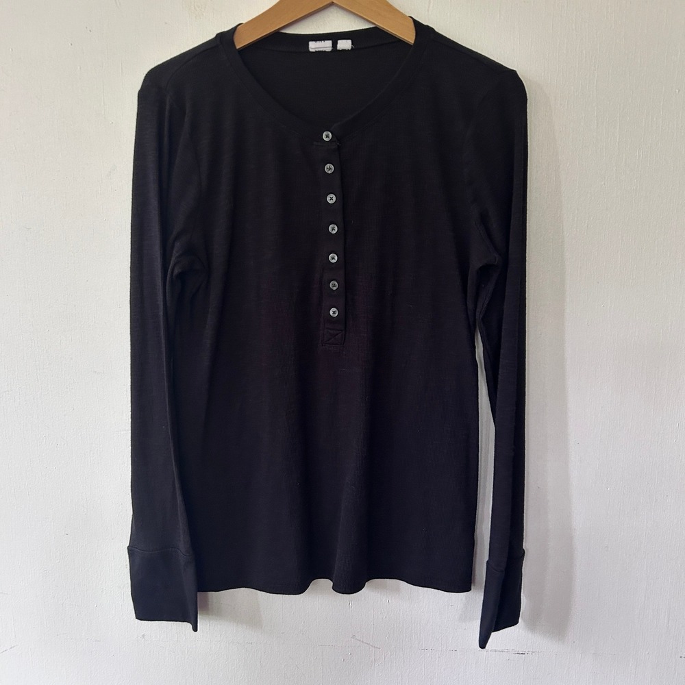 Gap Henley Top Womens Large Black Long Sleeve Ribbed Neutral Minimalist CBK